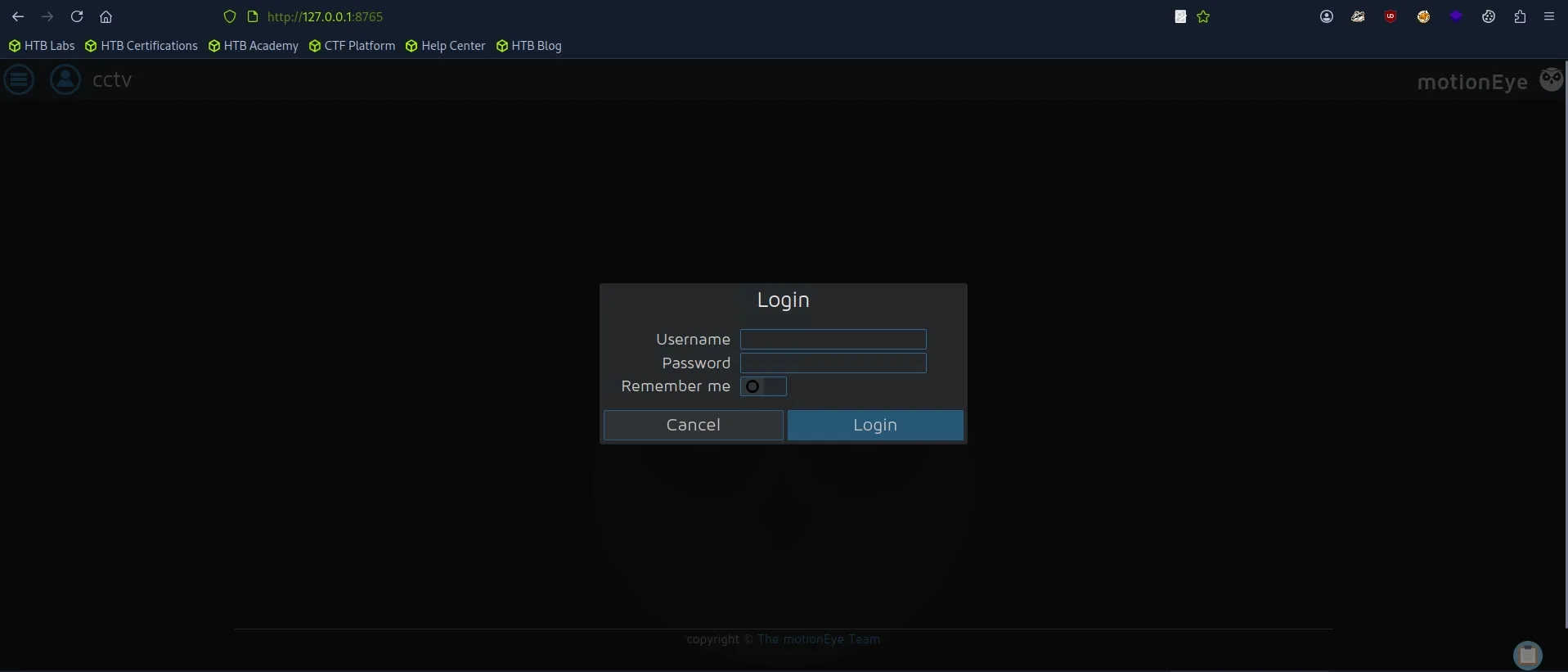 motionEye login panel