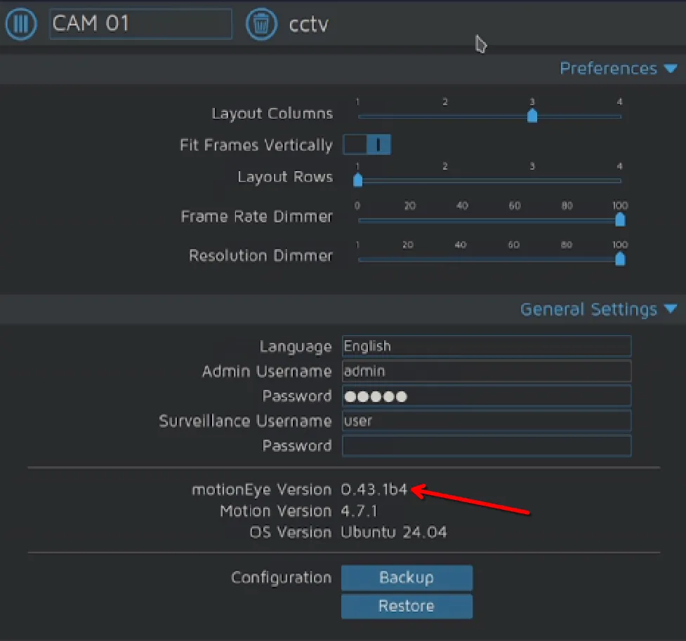 motionEye settings showing version